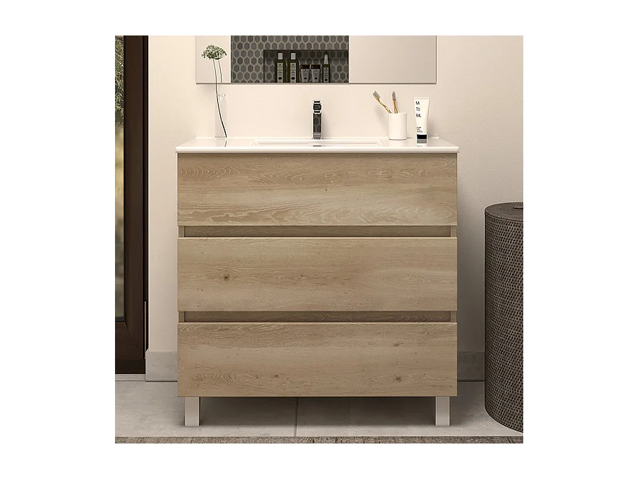 Meuble de salle de bain 60cm simple vasque - 3 tiroirs - nebraska (bois clair) - MAYOR