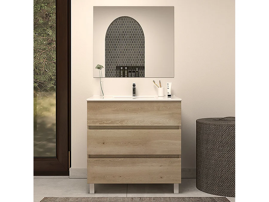 Meuble de salle de bain 60cm simple vasque - 3 tiroirs - nebraska (bois clair) - MAYOR