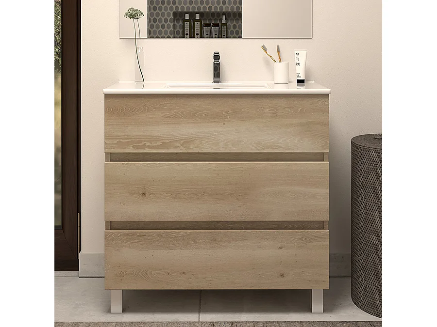 Meuble de salle de bain 60cm simple vasque - 3 tiroirs - nebraska (bois clair) - MAYOR