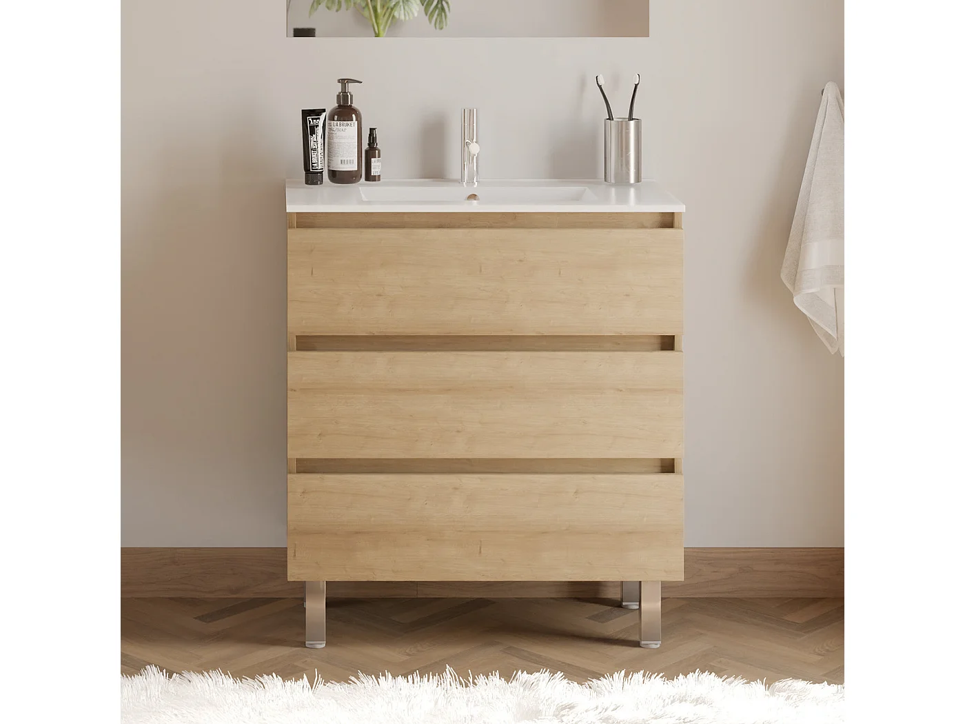 Meuble de salle de bain 60cm simple vasque - 3 tiroirs - nebraska (bois clair) - MAYOR