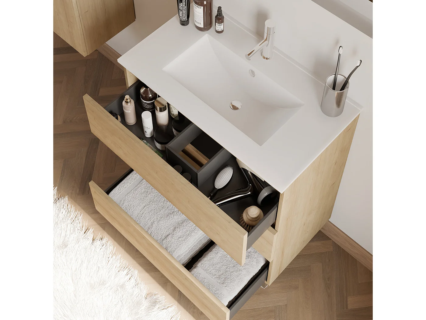 Meuble de salle de bain 60cm simple vasque - 3 tiroirs - nebraska (bois clair) - MAYOR