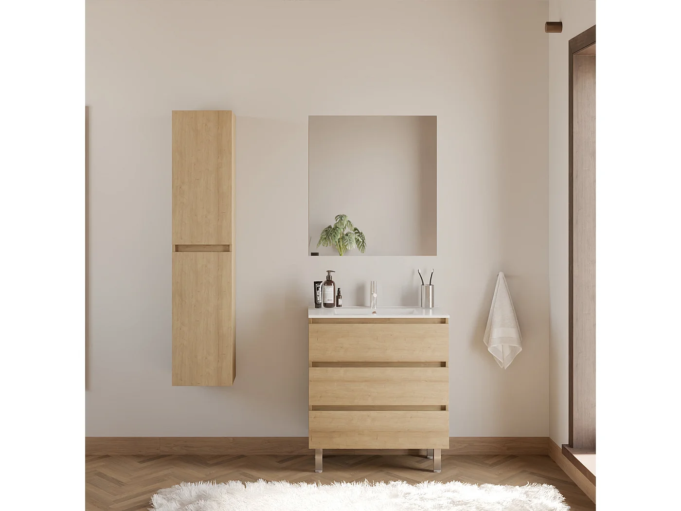 Meuble de salle de bain 60cm simple vasque - 3 tiroirs - nebraska (bois clair) - MAYOR