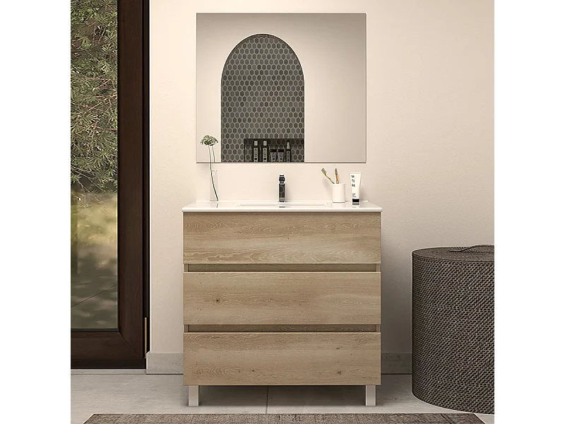 Meuble de salle de bain 60cm simple vasque - 3 tiroirs - nebraska (bois clair) - MAYOR
