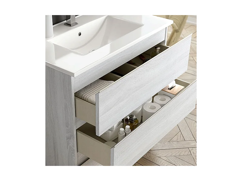 Meuble de salle de bain simple vasque - 3 tiroirs - PALMA et miroir Led STAM - hibernian (bois blanchi) - 70cm