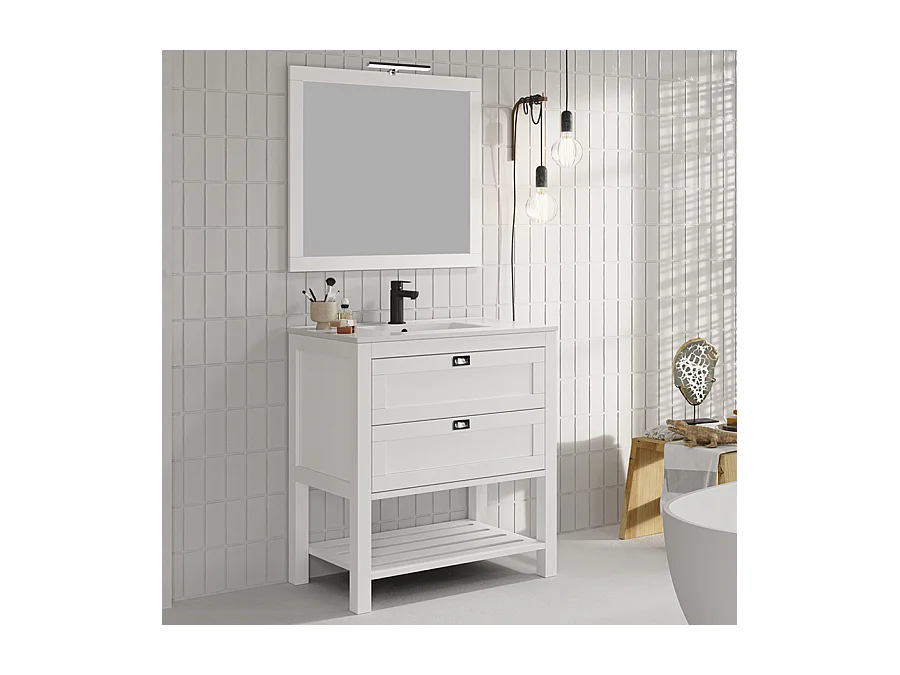 Meuble de salle de bain 80 cm simple vasque - pin massif - 2 tiroirs - PYLA - blanc