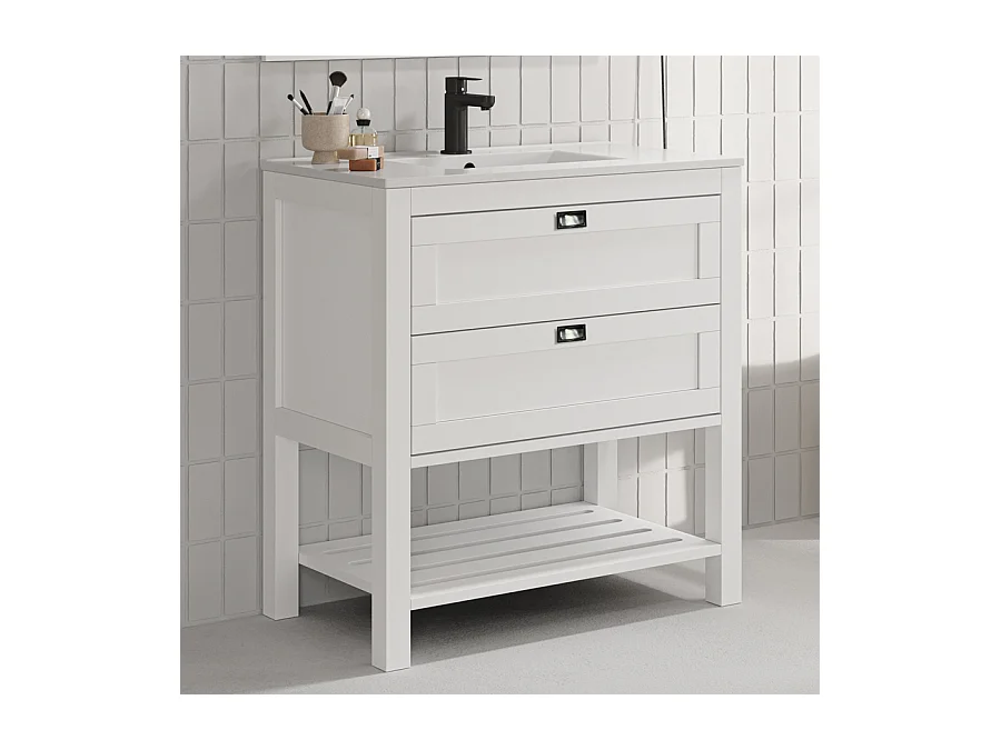 Meuble de salle de bain 80 cm simple vasque - pin massif - 2 tiroirs - PYLA - blanc