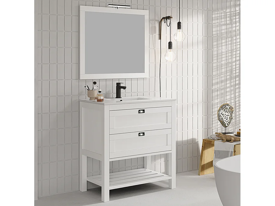 Meuble de salle de bain 80 cm simple vasque - pin massif - 2 tiroirs - PYLA - blanc