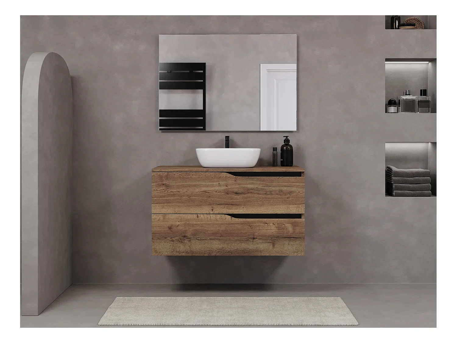 Meuble de salle de bain 100cm avec plateau et vasque à poser zeus - 2 tiroirs - sans miroir - tabaco (chêne foncé) - LUNA