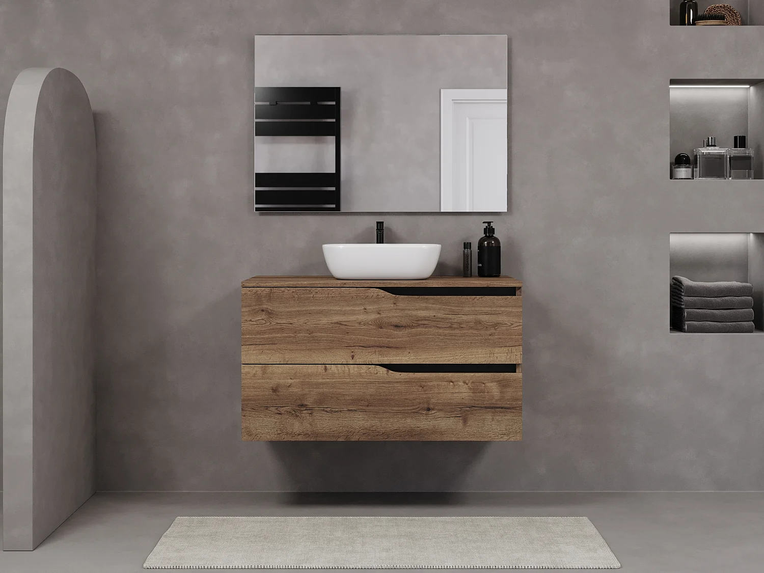 Meuble de salle de bain 100cm avec plateau et vasque à poser zeus - 2 tiroirs - sans miroir - tabaco (chêne foncé) - LUNA