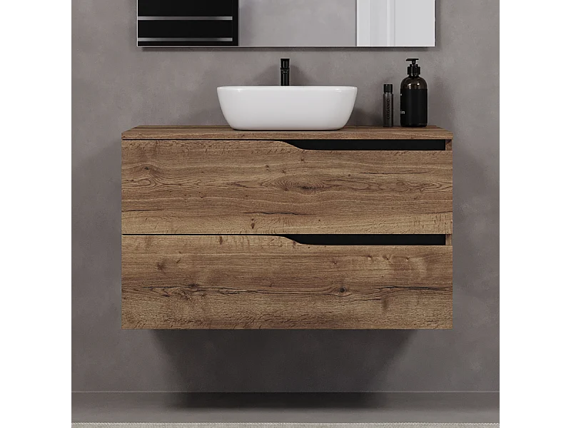 Meuble de salle de bain 100cm avec plateau et vasque à poser zeus - 2 tiroirs - sans miroir - tabaco (chêne foncé) - LUNA
