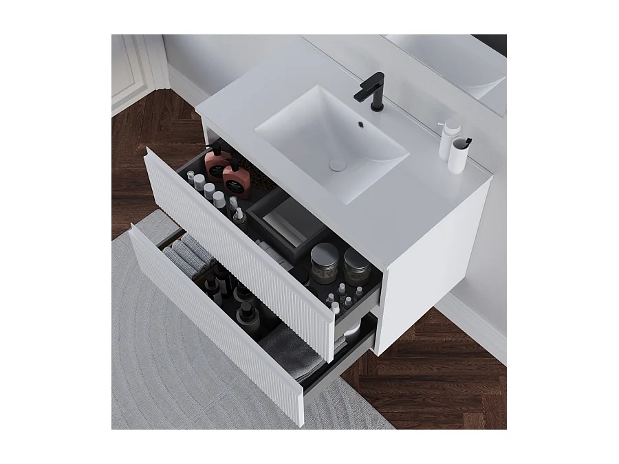 Meuble de salle de bain 60cm avec plan simple vasque - 2 tiroirs - blanc - RIBERA