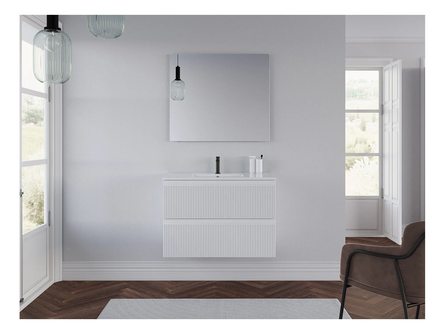 Meuble de salle de bain 60cm avec plan simple vasque - 2 tiroirs - blanc - RIBERA