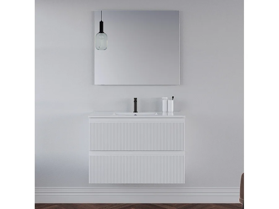 Meuble de salle de bain 60cm avec plan simple vasque - 2 tiroirs - blanc - RIBERA