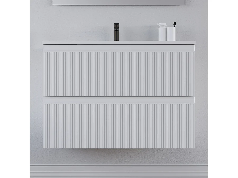 Meuble de salle de bain 60cm avec plan simple vasque - 2 tiroirs - blanc - RIBERA