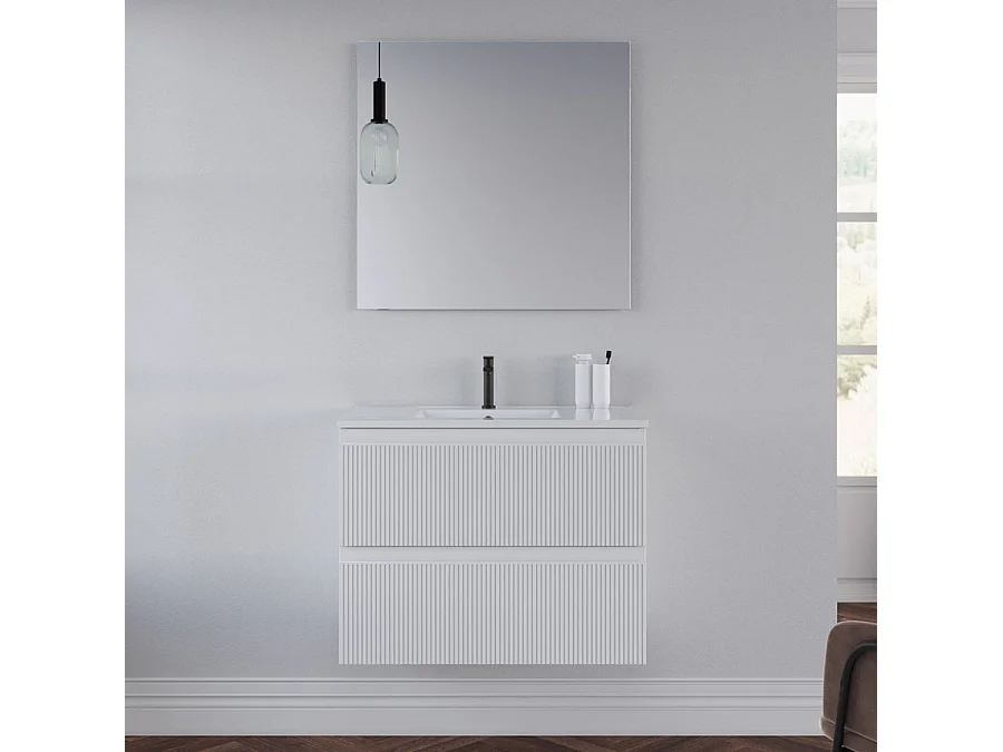 Meuble de salle de bain 60cm avec plan simple vasque - 2 tiroirs - blanc - RIBERA