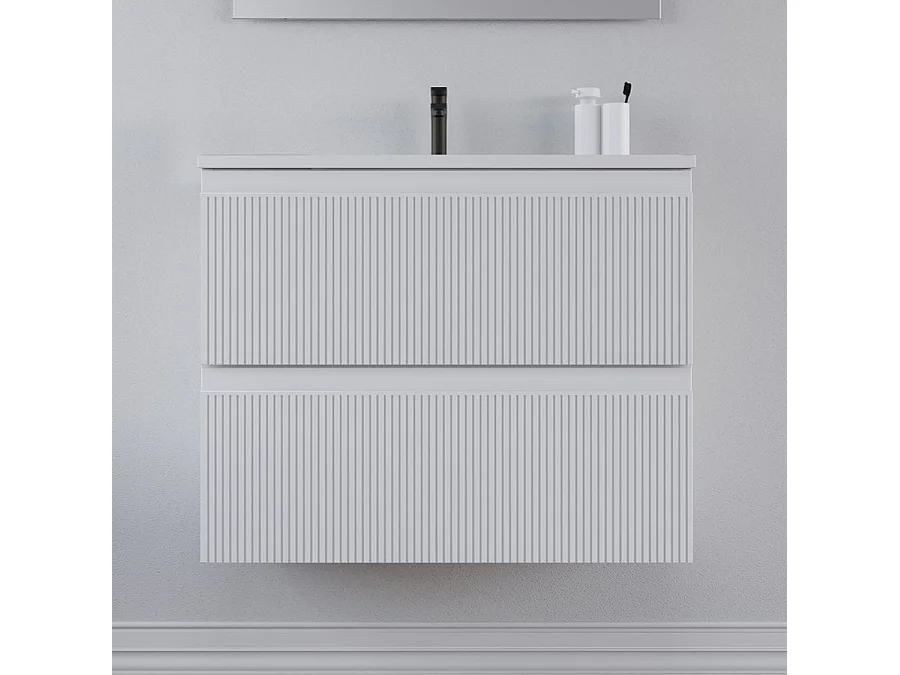 Meuble de salle de bain 60cm avec plan simple vasque - 2 tiroirs - blanc - RIBERA
