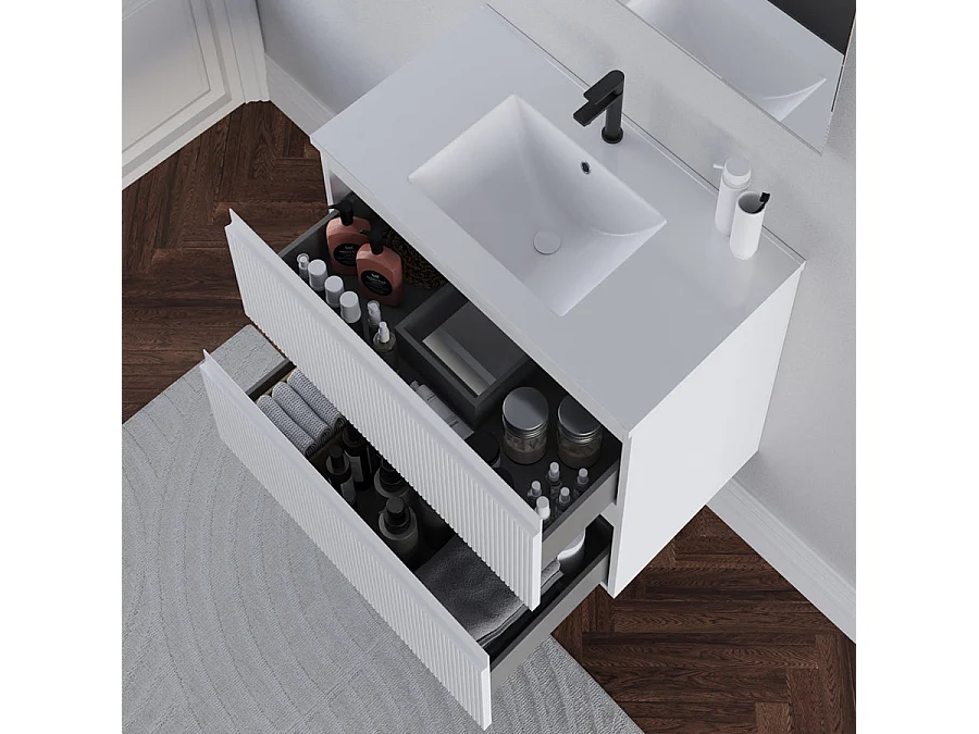 Meuble de salle de bain 60cm avec plan simple vasque - 2 tiroirs - blanc - RIBERA