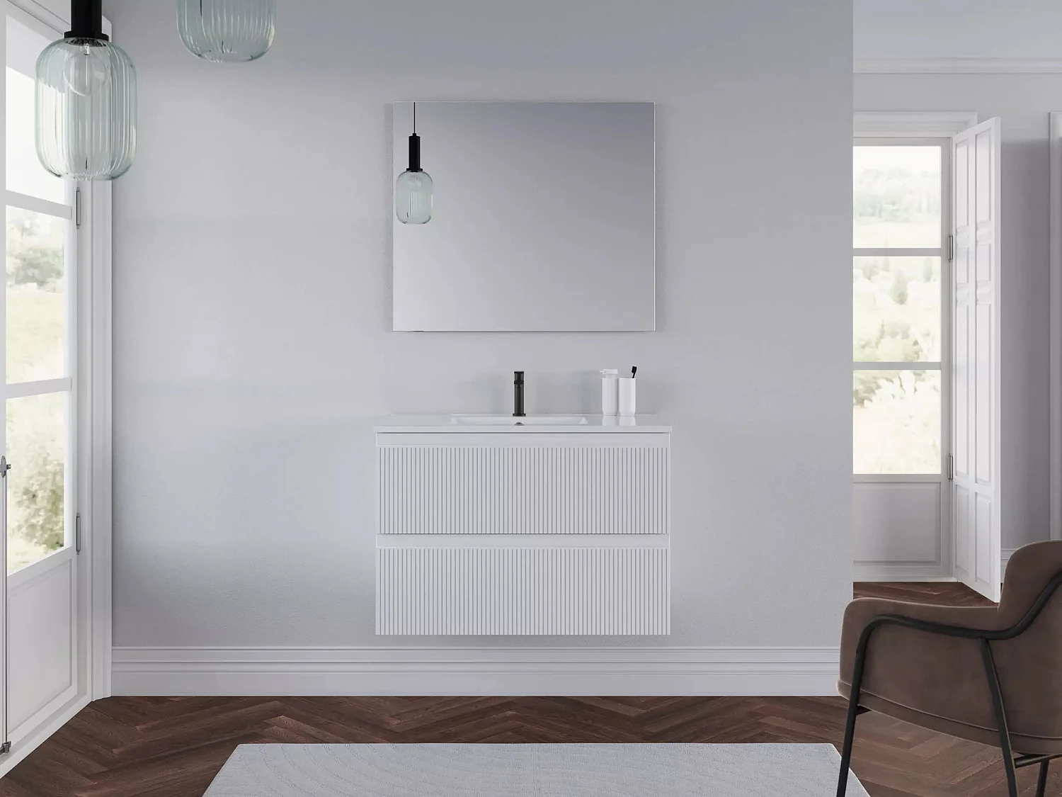 Meuble de salle de bain 60cm avec plan simple vasque - 2 tiroirs - blanc - RIBERA