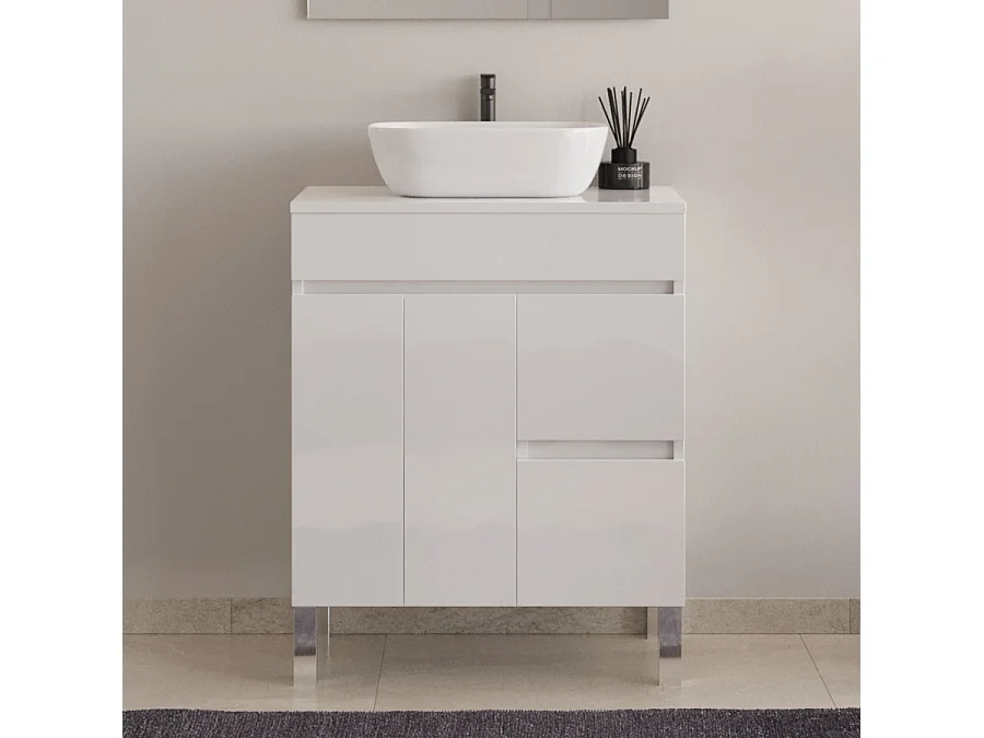 Meuble de salle de bain 80cm sur pieds avec plateau et une cuve à poser arrondie - sans miroir - portes et tiroirs - blanc - HARO