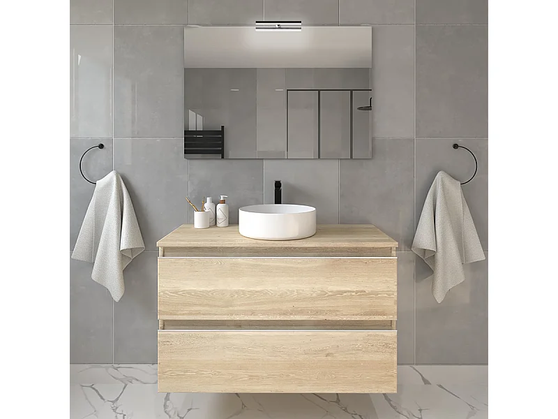 Meuble de salle de bain 2 tiroirs avec vasque à poser ronde et miroir avec applique BALEA - Bambou (chêne clair) - 80cm