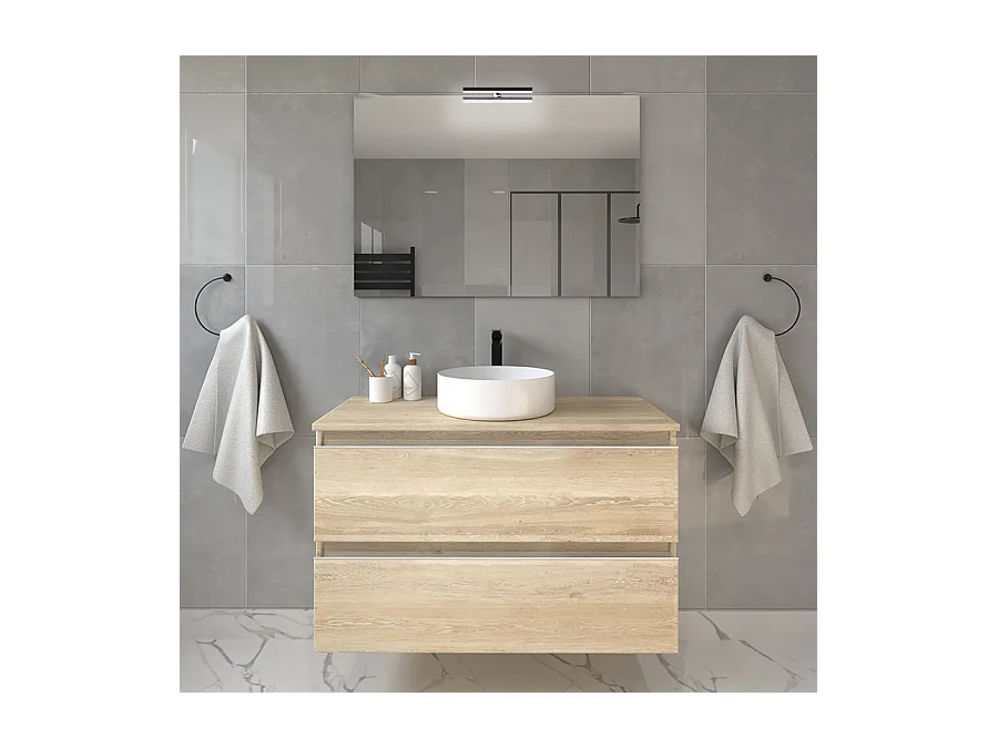 Meuble de salle de bain 2 tiroirs avec vasque à poser ronde et miroir avec applique BALEA - Bambou (chêne clair) - 80cm