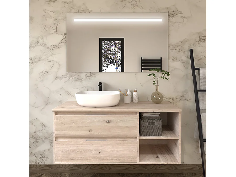 Meuble de salle de bain OLYMPE avec vasque à poser arrondie et miroir Led STAM - Cambrian (chêne) - 120cm
