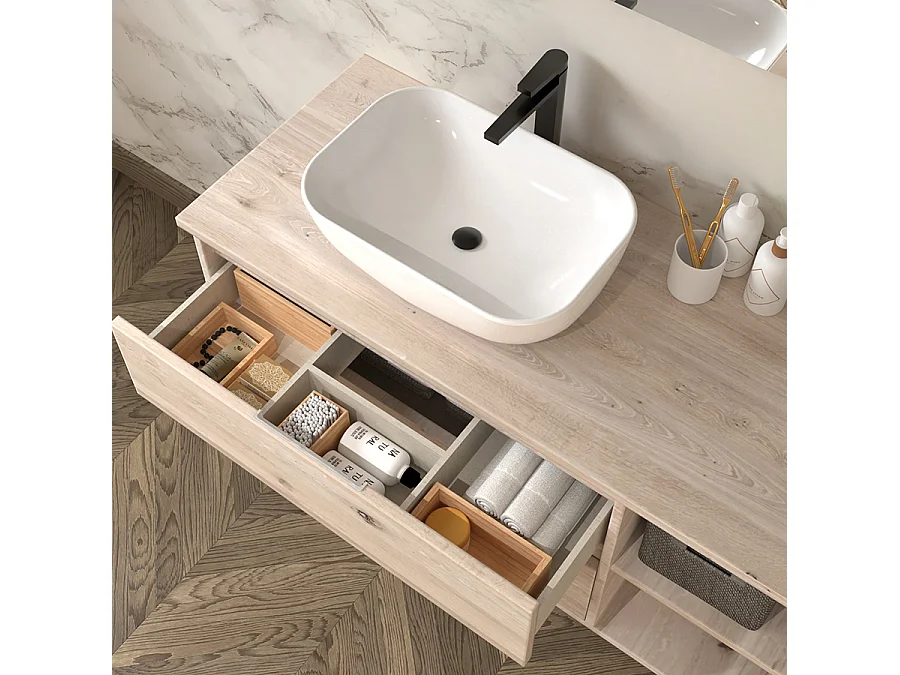 Meuble de salle de bain OLYMPE avec vasque à poser arrondie et miroir Led STAM - Cambrian (chêne) - 120cm