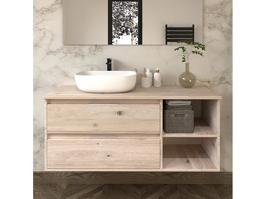 Meuble de salle de bain OLYMPE avec vasque à poser arrondie et miroir Led STAM - Cambrian (chêne) - 120cm