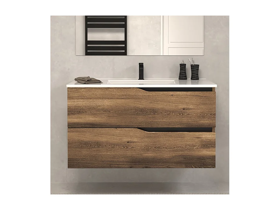 Meuble de salle de bain 90cm simple vasque - 2 tiroirs - tabacco (chêne foncé) - LUNA