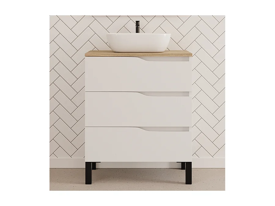 Meuble de salle de bain 80cm avec plateau miel et vasque à poser zeus - 3 tiroirs - sans miroir - blanc - MATA