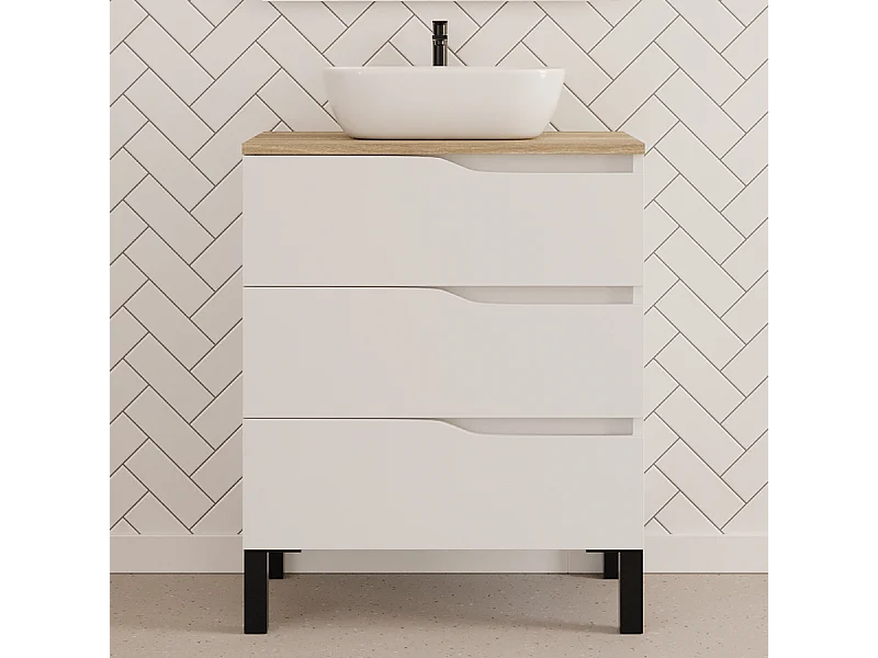 Meuble de salle de bain 80cm avec plateau miel et vasque à poser zeus - 3 tiroirs - sans miroir - blanc - MATA