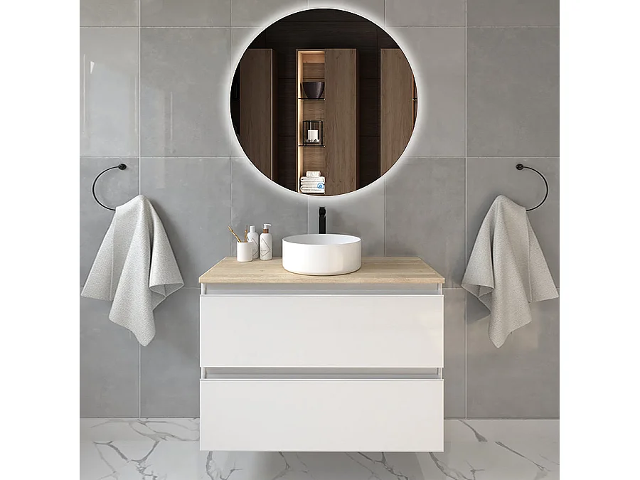 Meuble de salle de bain avec vasque à poser ronde BALEA et miroir rond Led SOLEN - Blanc - 80cm