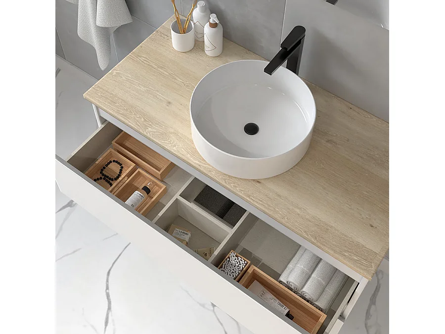 Meuble de salle de bain avec vasque à poser ronde BALEA et miroir rond Led SOLEN - Blanc - 80cm