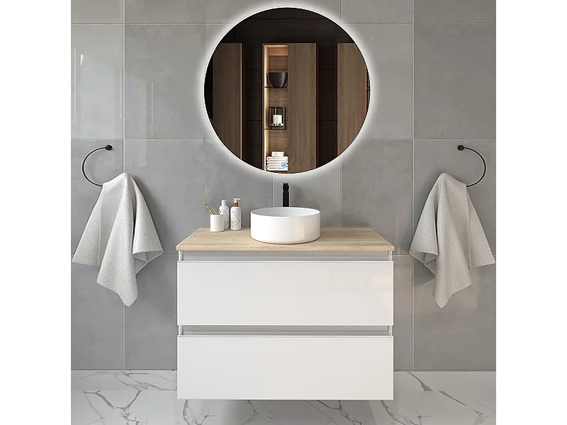 Meuble de salle de bain avec vasque à poser ronde BALEA et miroir rond Led SOLEN - Blanc - 80cm