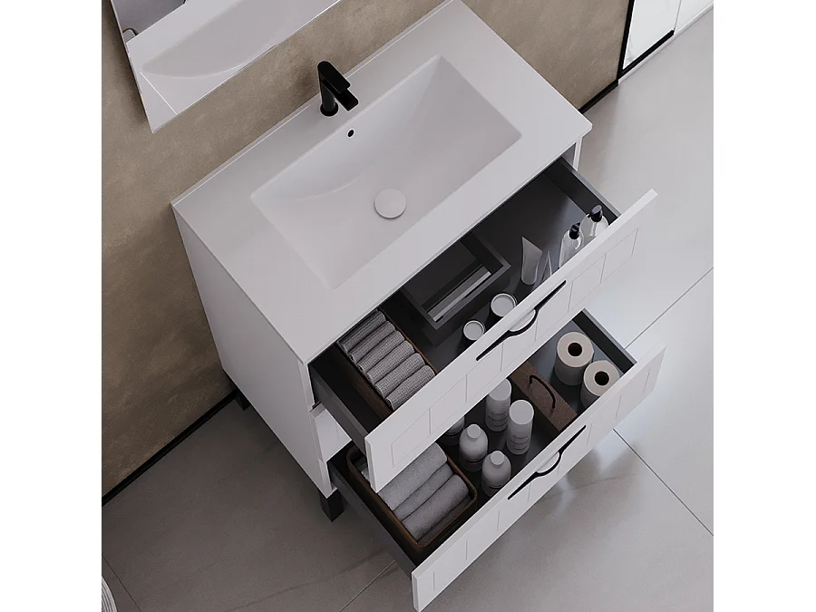 Meuble de salle de bain 60cm simple vasque - 3 tiroirs - sans miroir - blanc - CALA