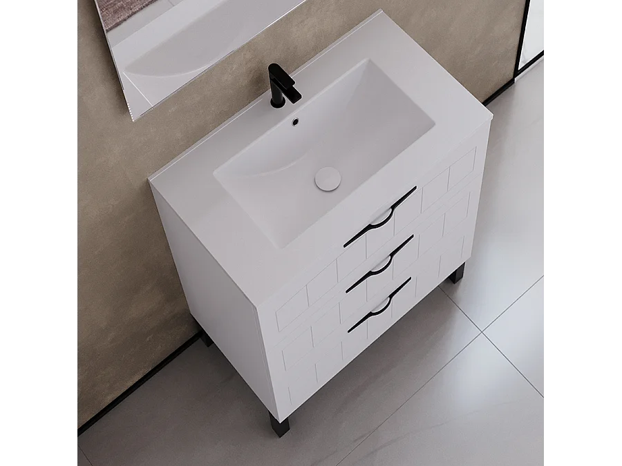 Meuble de salle de bain 60cm simple vasque - 3 tiroirs - sans miroir - blanc - CALA