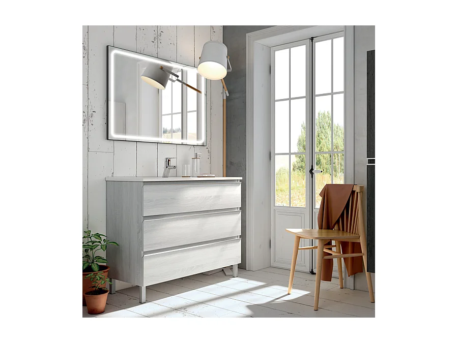 Meuble de salle de bain simple vasque - 3 tiroirs - PALMA et miroir Led VELDI - hibernian (bois blanchi) - 80cm