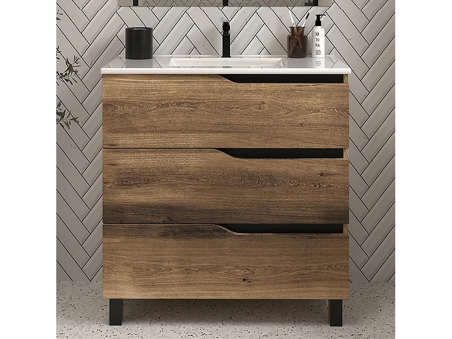 Meuble de salle de bain 60cm simple vasque - sans miroir - 3 tiroirs - tabaco (bois foncé) - MATA