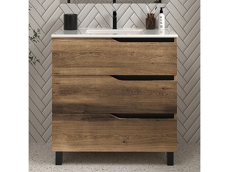 Meuble de salle de bain 60cm simple vasque - sans miroir - 3 tiroirs - tabaco (bois foncé) - MATA