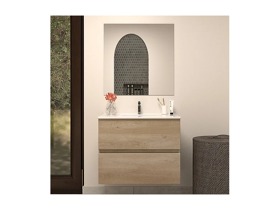 Meuble de salle de bain 60cm simple vasque - 2 tiroirs - nebraska (bois clair) - IDA