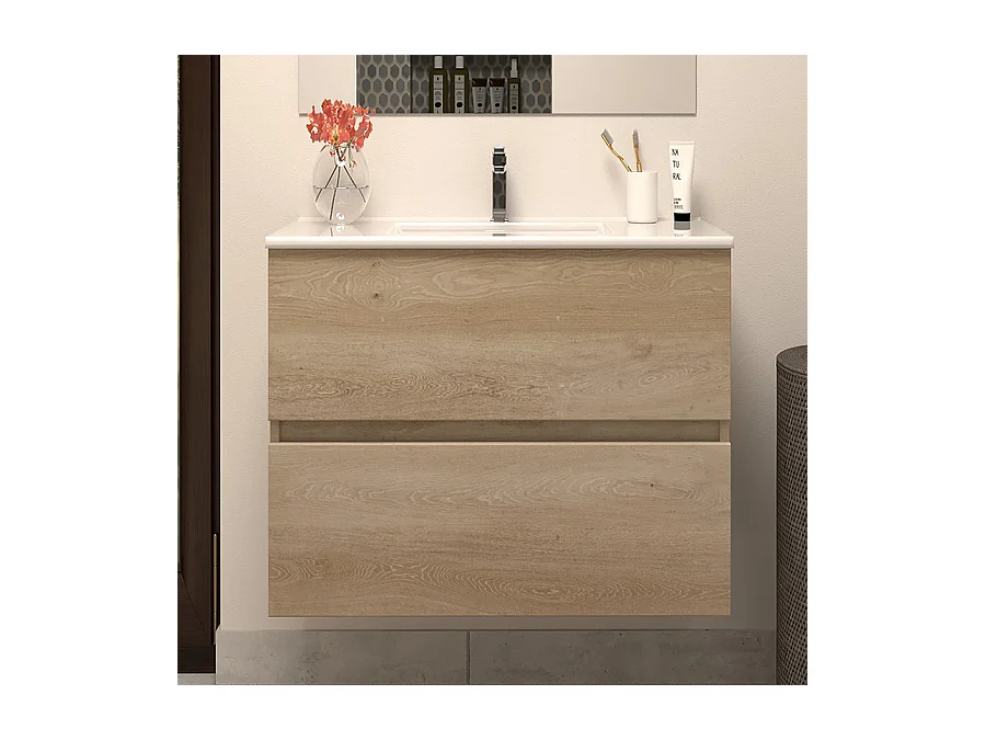 Meuble de salle de bain 60cm simple vasque - 2 tiroirs - nebraska (bois clair) - IDA
