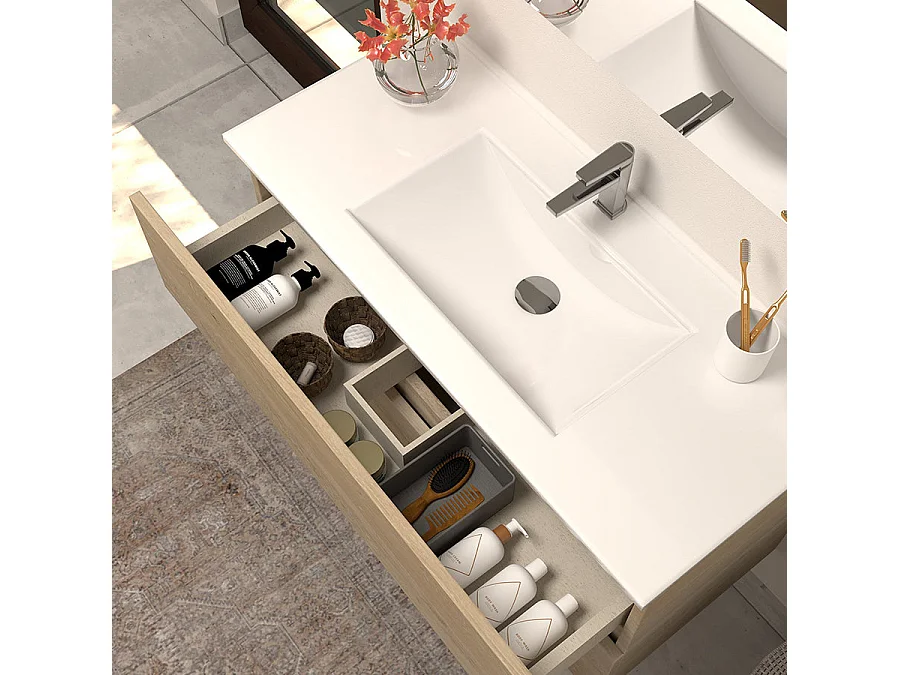 Meuble de salle de bain 60cm simple vasque - 2 tiroirs - nebraska (bois clair) - IDA