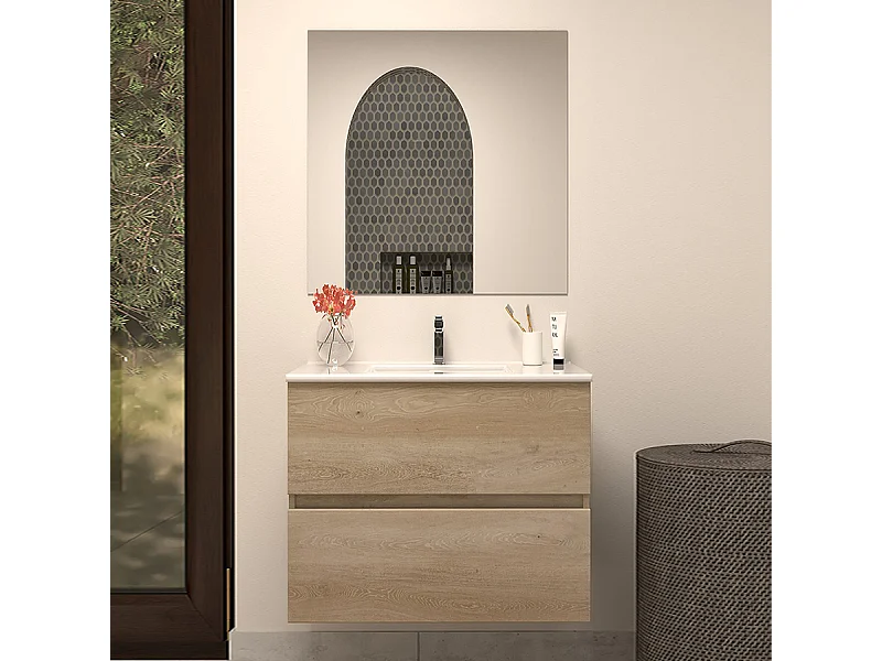 Meuble de salle de bain 60cm simple vasque - 2 tiroirs - nebraska (bois clair) - IDA