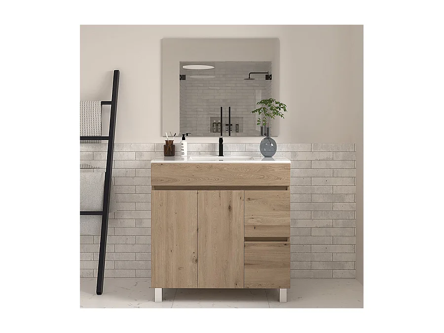 Meuble de salle de bain 70cm simple vasque sur pieds avec portes et tiroirs - cambrian (chêne clair) - HARO