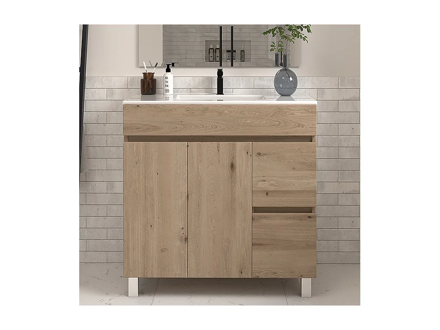 Meuble de salle de bain 70cm simple vasque sur pieds avec portes et tiroirs - cambrian (chêne clair) - HARO