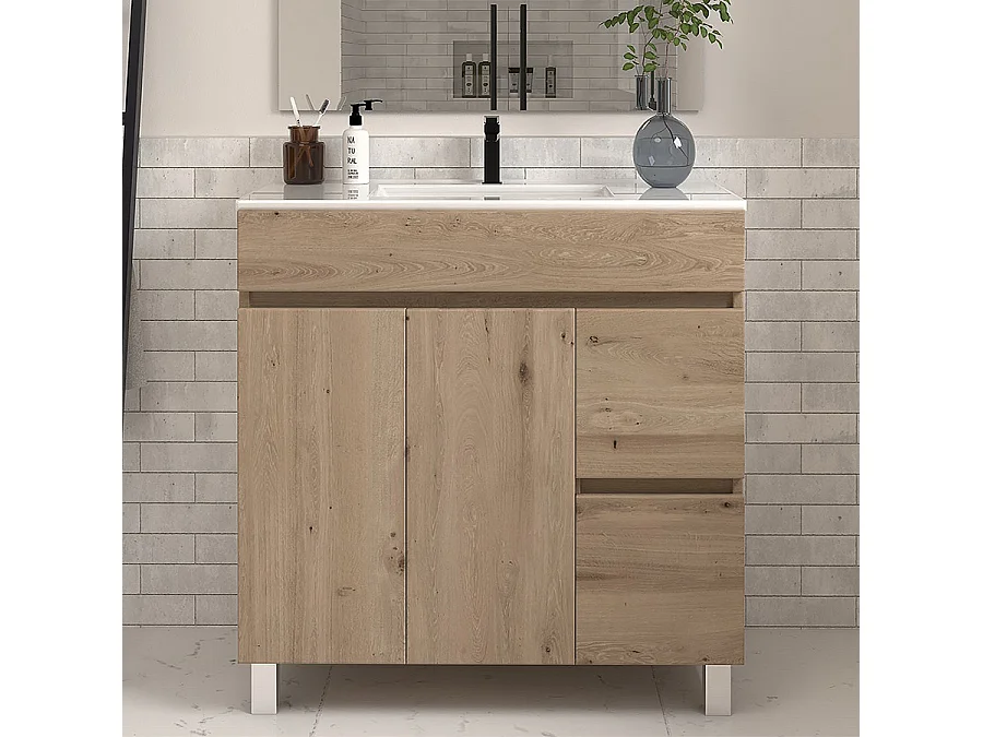 Meuble de salle de bain 70cm simple vasque sur pieds avec portes et tiroirs - cambrian (chêne clair) - HARO