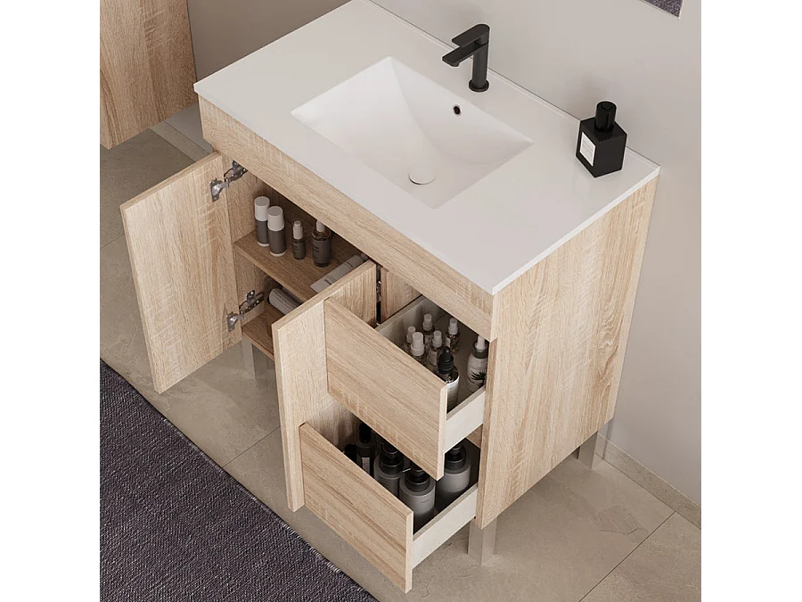 Meuble de salle de bain 70cm simple vasque sur pieds avec portes et tiroirs - cambrian (chêne clair) - HARO
