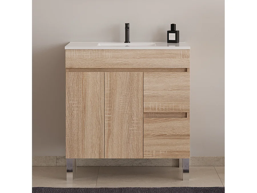 Meuble de salle de bain 70cm simple vasque sur pieds avec portes et tiroirs - cambrian (chêne clair) - HARO