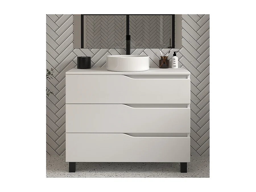 Meuble de salle de bain 100 avec plateau et vasque à poser - sans miroir - 3 tiroirs - blanc - MATA