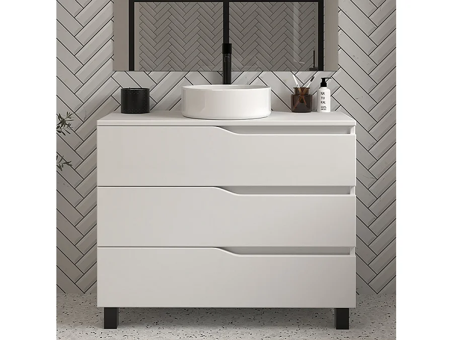 Meuble de salle de bain 100 avec plateau et vasque à poser - sans miroir - 3 tiroirs - blanc - MATA
